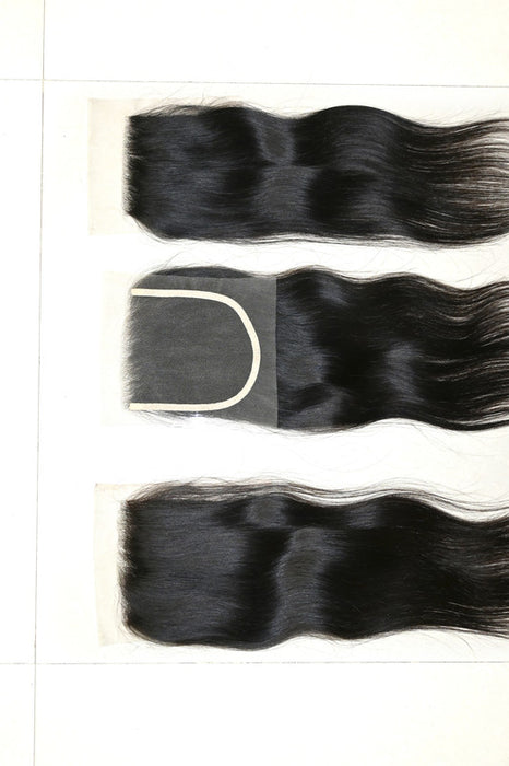 Straight 4x4 lace closure made from raw Indian Remy hair – natural shine and smooth texture