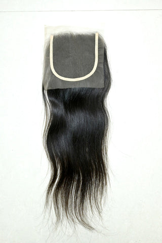 Raw Indian human hair 4x4 lace closure – natural black, free part, soft and silky texture